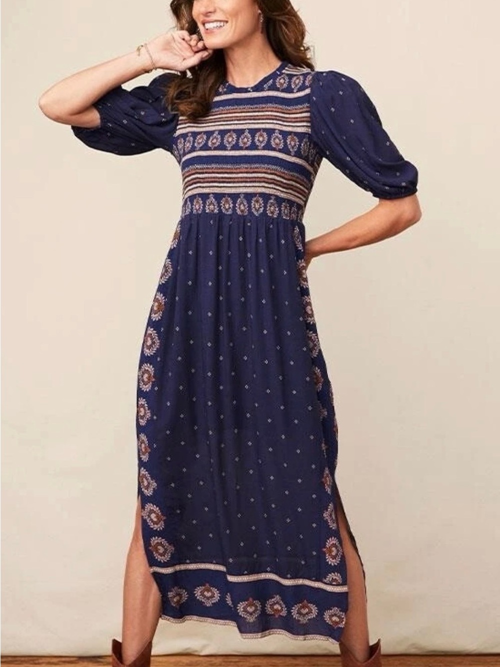 Good Hart Matilda Jane Yellowstone Geo Print Midi Dress Sz Large Smocked